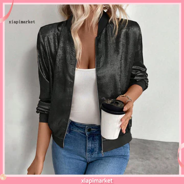 XIA| Áo khoác crop Sequin sáng bóng dành cho nữ Áo khoác dây kéo kim loại nhẹ Áo khoác dài tay lấp lánh Tiệc Disco Áo ngoài sành điệu mặc buổi tối cho nữ Đông Nam Á