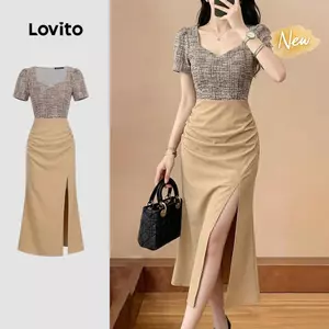 (New Arrival) Lovito Đầm màu sắc thanh lịch xẻ tà xếp ly dành cho nữ mùa xuân/hè L198ED194