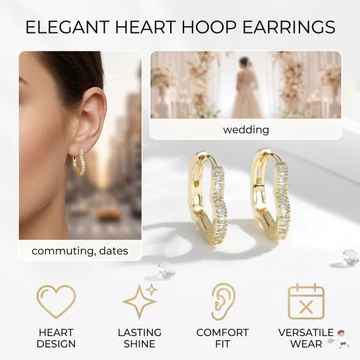 Bông tai hình trái tim mạ vàng 14K dành cho nữ Đồng Zirconia Huggie Món quà trang sức