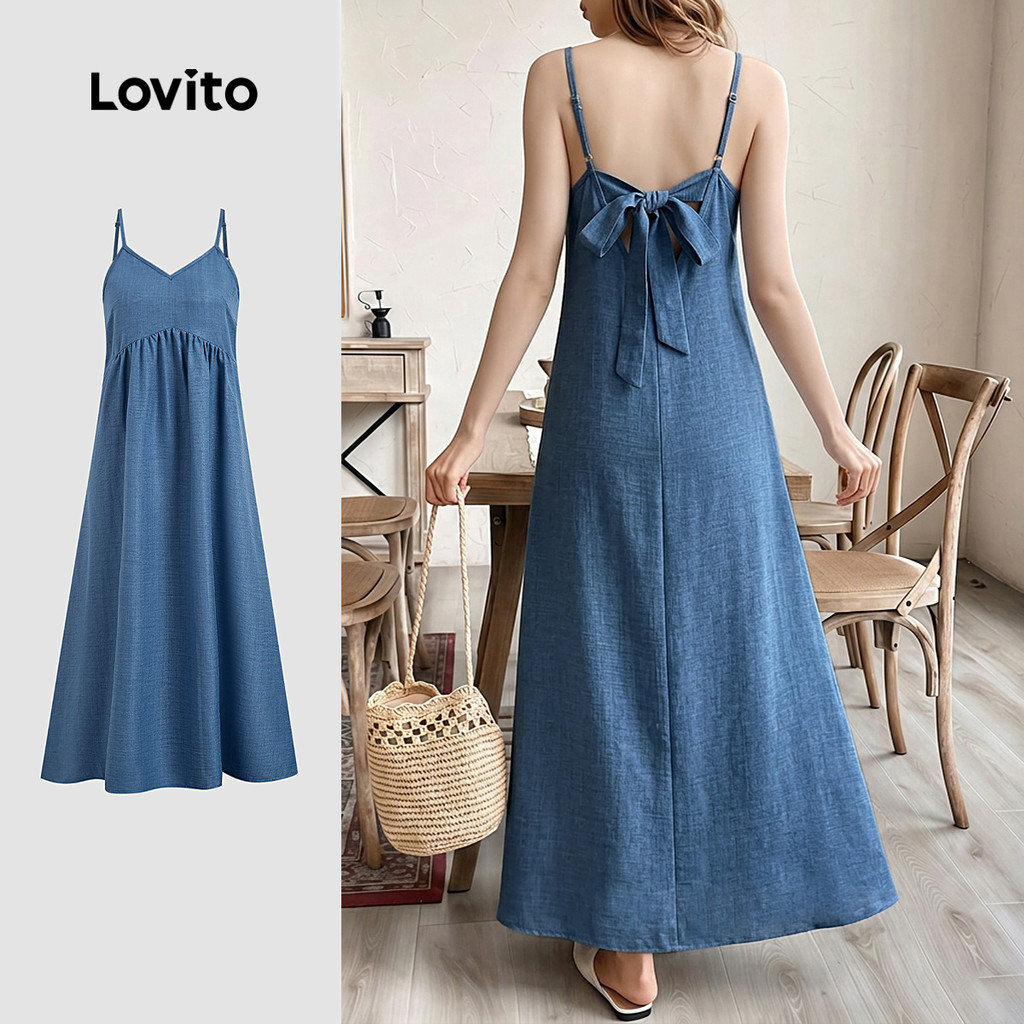 (New Arrival) Lovito Đầm Boho đơn giản phong cách nghỉ mát mùa xuân/hè màu xanh dương cho nữ L198ED3145