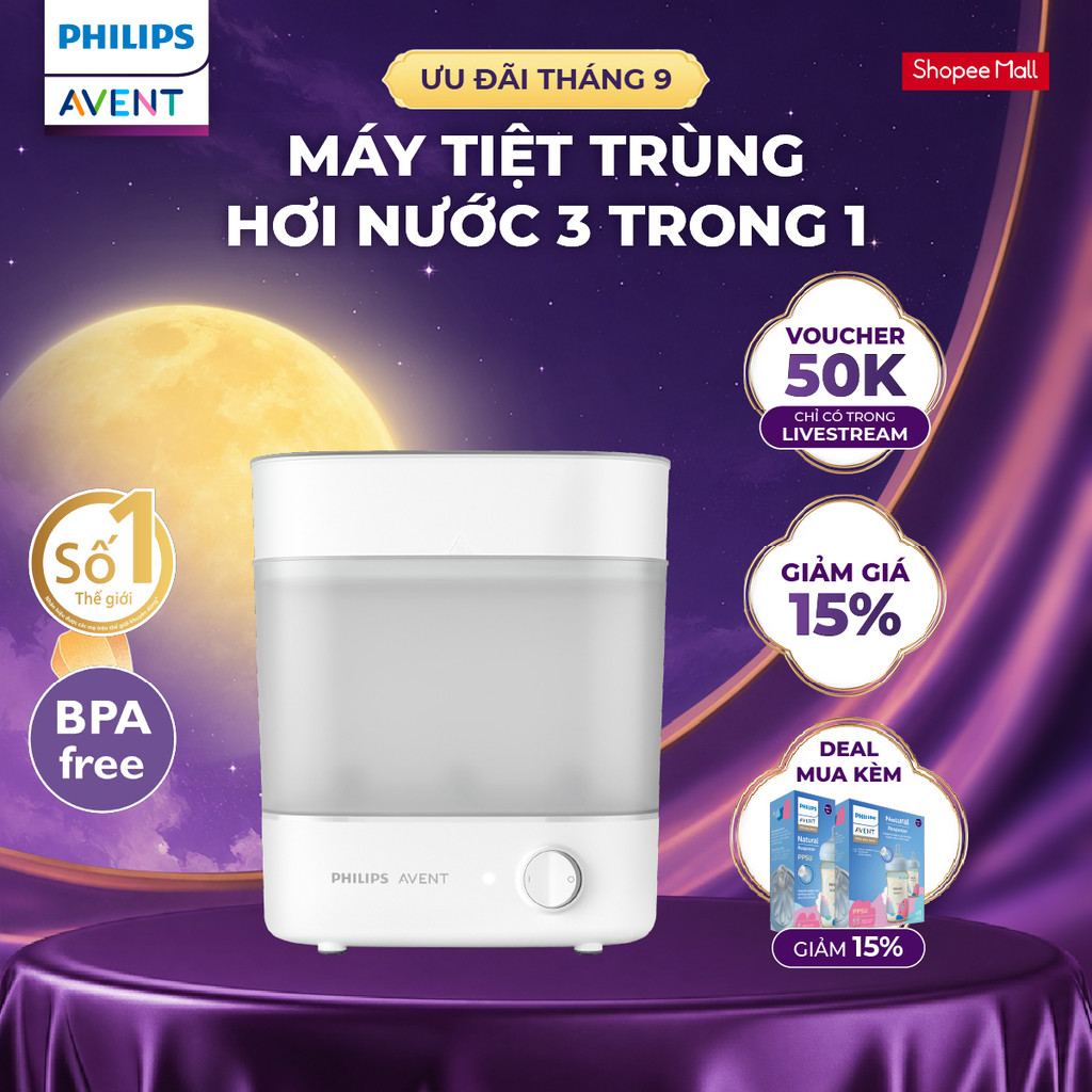 Máy Tiệt Trùng Hơi Nước 3 Trong 1 Philips Avent – Diệt 99.9% Vi Khuẩn, An Toàn Cho Bé