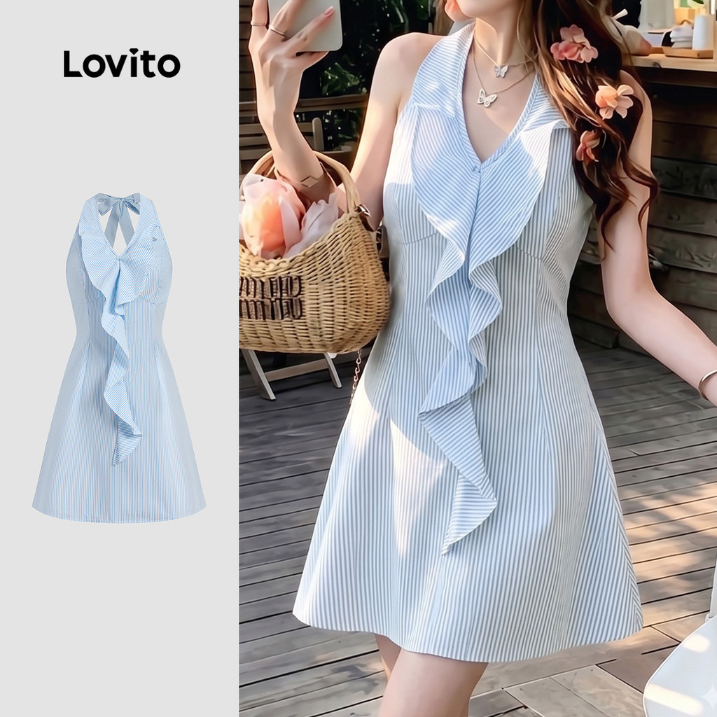 Lovito Đầm phong cách thường ngày xếp nếp mùa xuân/hè màu xanh dương cho nữ L200AD261