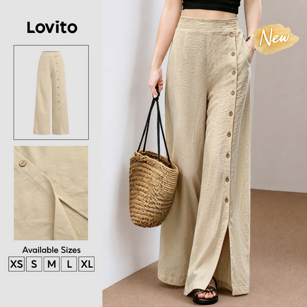 (New Arrival) Lovito Quần kaki nữ thanh lịch cài nút phía trước phong cách nghỉ dưỡng xuân/hè PTB202P2D440