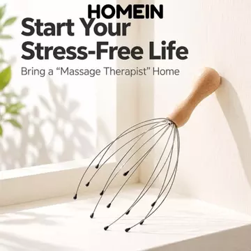 Máy mát xa da đầu HOMEIN, Tay cầm bằng gỗ Máy mát xa đầu khung tám móng vuốt, Dây kim loại linh hoạt Đầu tròn Đầu trầy xước Đầu ngứa cứu trợ