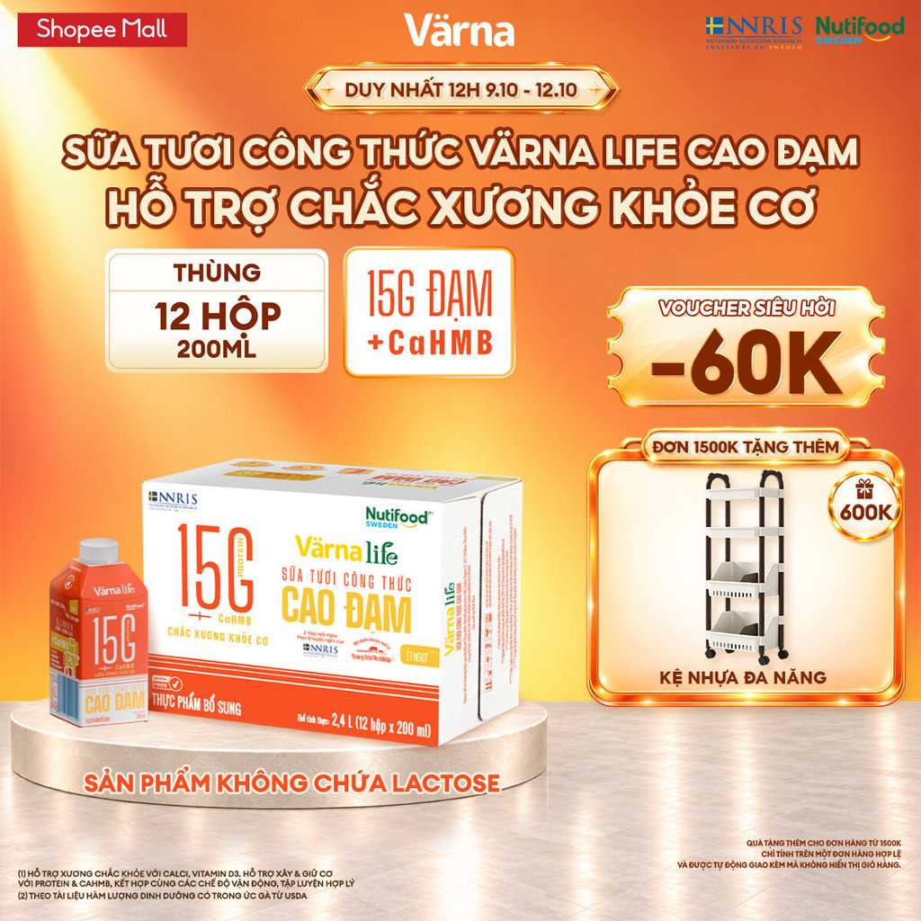 Thùng 12 hộp Varna Life sữa tươi công thức cao đạm 15G (12 hộp giấy x 200ml)
