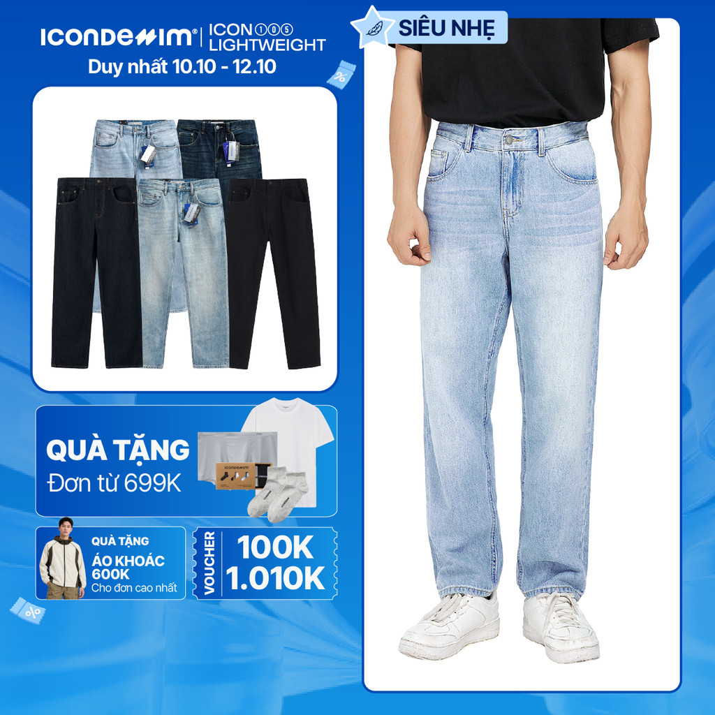 Quần jeans nam ICONDENIM, quần bò ống đứng, dáng suông, công nghệ Lightweight siêu nhẹ, chống nhăn tốt ICON105