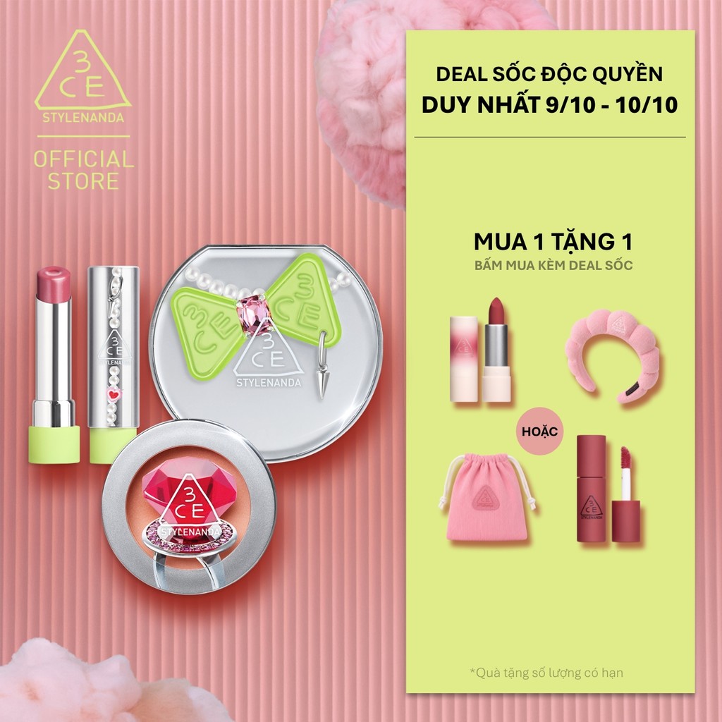 3CE BST MIKSHIMAI - PHẤN NƯỚC FITTING MESH CUSHION, SON BÓNG GLAZY LIP GLOW, MÁ HỒNG FACE BLUSH