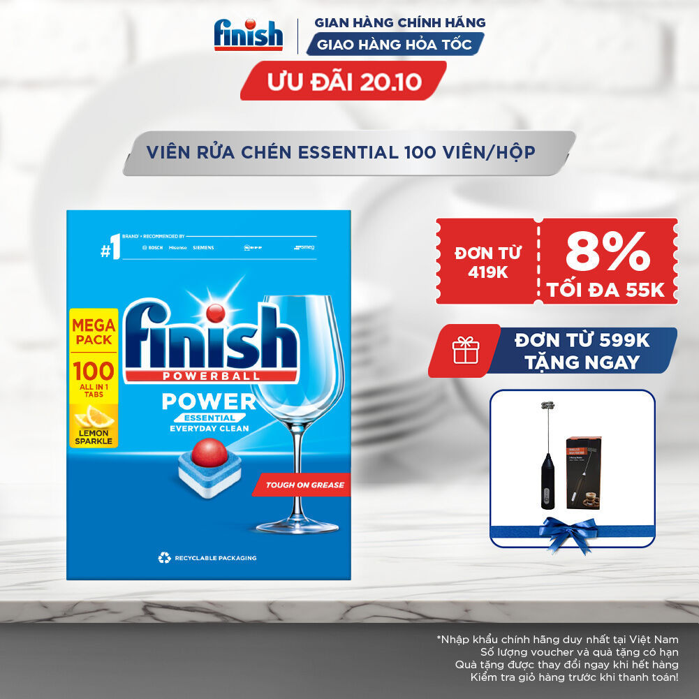 Viên Rửa Chén Bát Hương Chanh Finish Powerball Power Essential Lemon Sparkle - Hộp 100 viên tiết kiệm