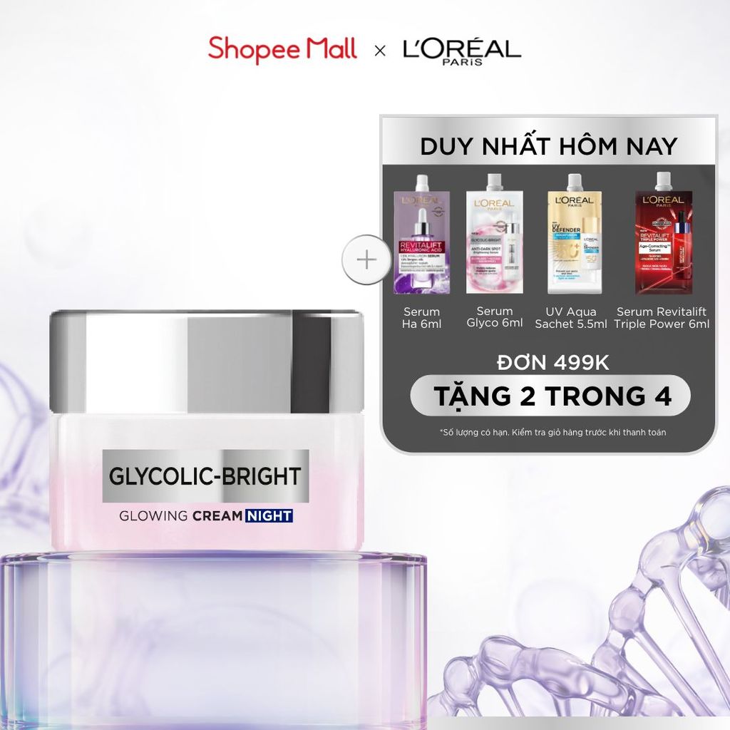 Kem dưỡng ban đêm dưỡng sáng mịn & mờ thâm nám L'Oreal Paris Glycolic (AHA) Bright [Glycolic+ Niacinamide] + 50ml