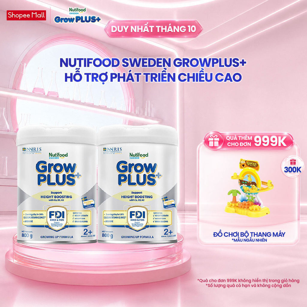 Combo 2 Sữa Bột Nutifood Sweden GrowPLUS+ Cao lớn vượt trội trên 2 tuổi (Bạc) 800g