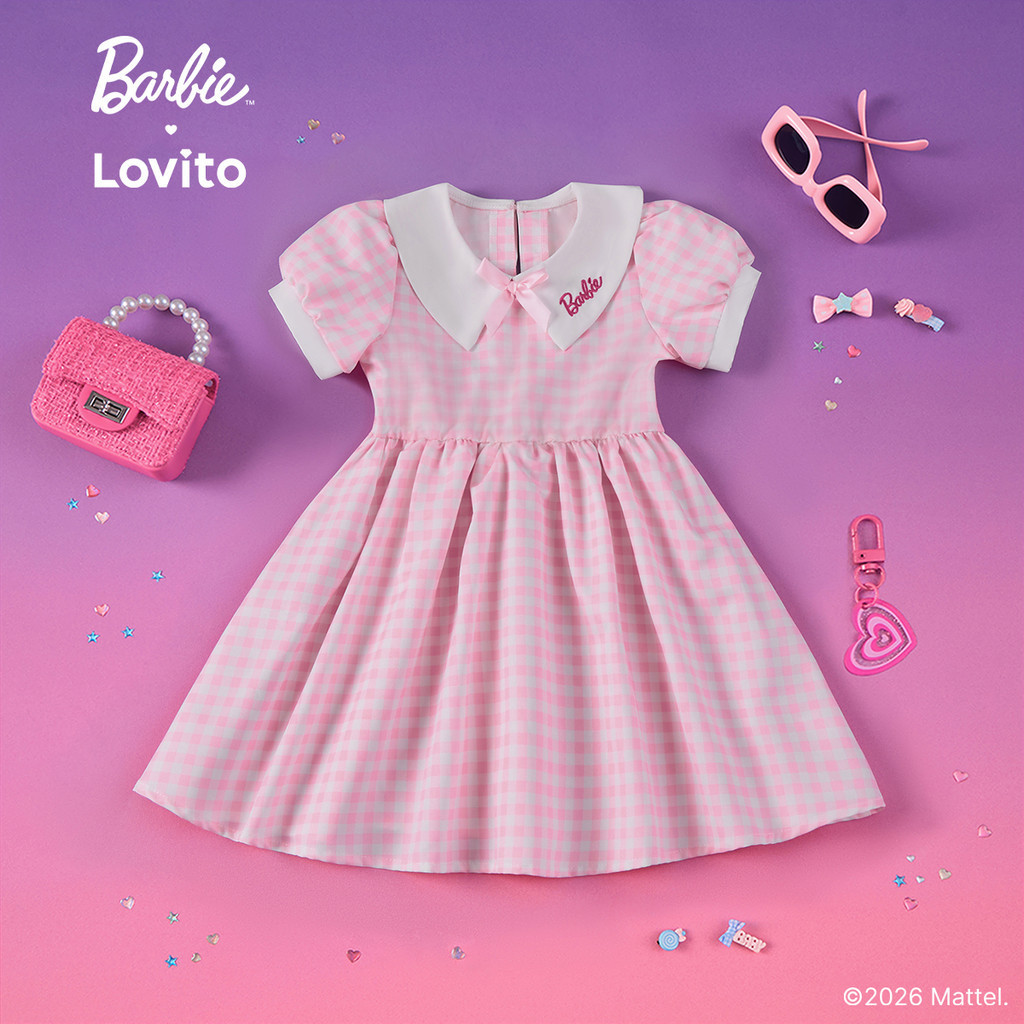 Barbie™ X Lovito Kids Váy Đầm Bé Gái Hồng Xuân/Hè Dáng Xòe Đến Gối Thêu Họa Tiết Phối Màu LBL5AD027