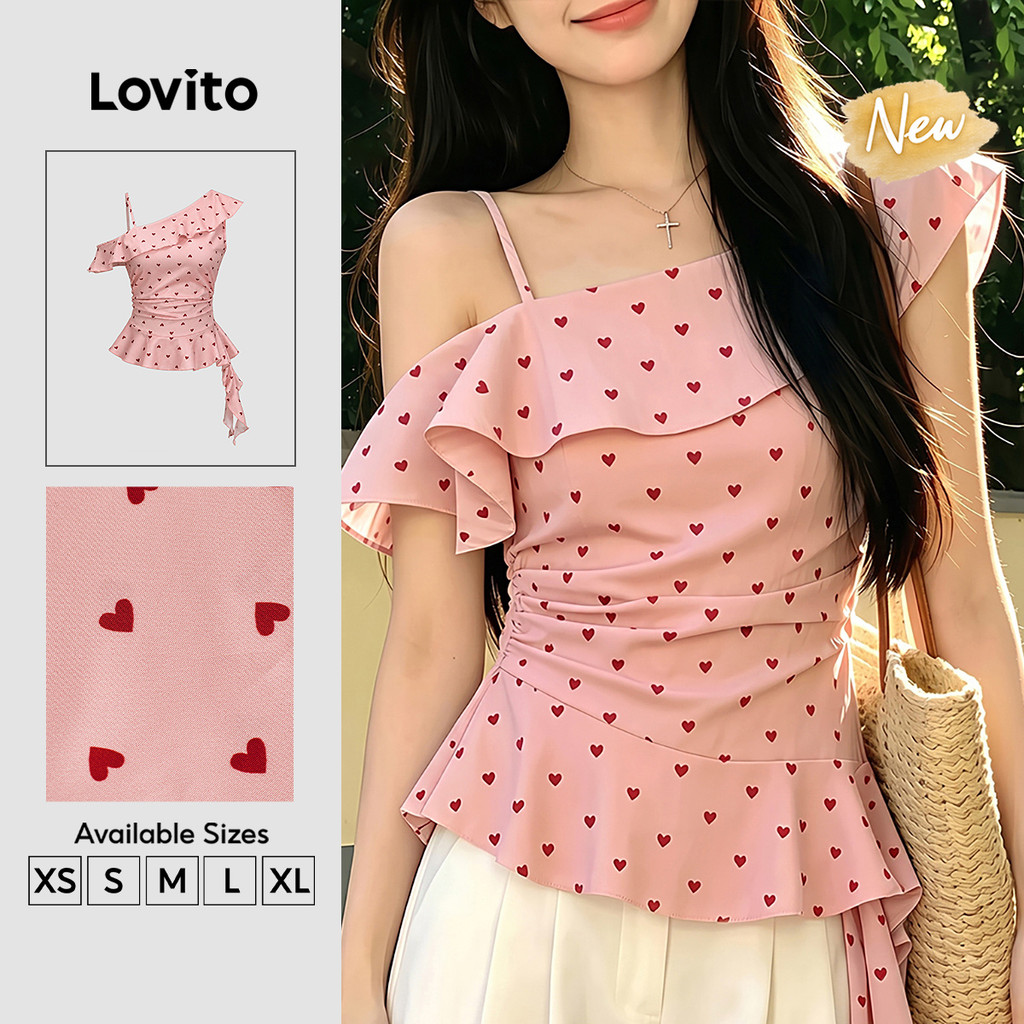(New Arrival) Lovito Áo kiểu nữ màu hồng Phong cách thường ngày hình trái Tim Tay ngắn lệch Vai hở Vai gấu bèo nhún mùa xuân hè cuối tuần BLK10P1D575