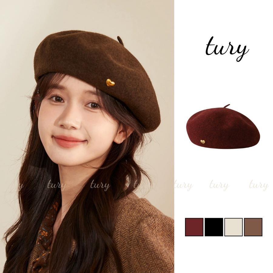Mũ Beret Nữ - Tury - Mũ nồi len họa sĩ trơn phối tag kim loại - MN053