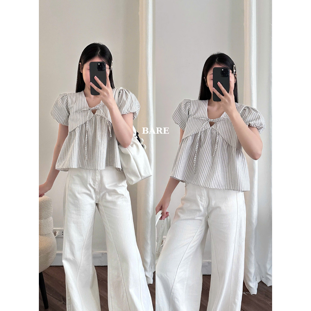 Áo Babydoll Sọc Tay Bồng Buộc Nơ – Kiểu Cổ Chữ V Thắt Nơ Form Xòe Freesize Vintage_A551