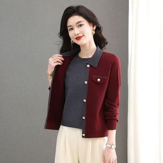 Áo len nữ dáng giả hai mảnh rời ôm body, phong cách Hàn Quốc, cổ áo Polo