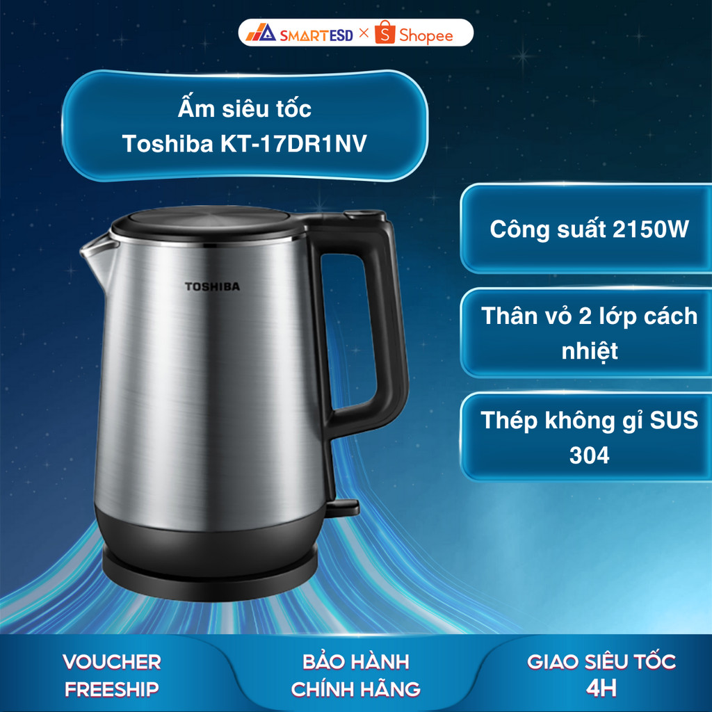 Ấm siêu tốc Toshiba KT-17DR1NV 1.7L - Thân vỏ 2 lớp cách nhiệt - Bảo hành chính hãng 12 tháng