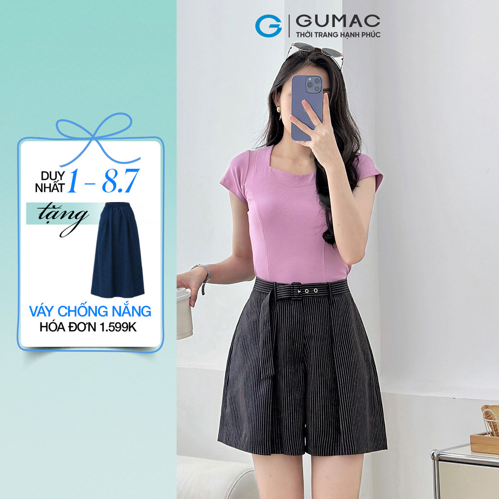 Quần short nữ GUMAC lưng liền họa tiết sọc chiết ly vải mềm mịn trẻ trung  SHF05018