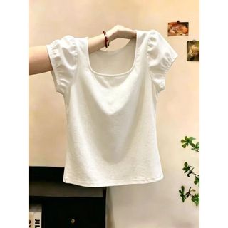 [Khuyến mãi trong thời gian có hạn] Áo thun ngắn tay cổ chữ U màu trắng phong cách giản dị dành cho nữ mùa hè hơi béo Kích thước lớn Slimmer Look All @