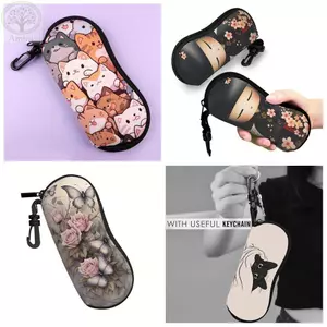 Túi đựng kính râm AMBU, Túi đựng kính râm họa tiết mèo Nylon, Thiết kế có móc khóa Di động màu trơn SunGlasses Giá đỡ kính mắt Phụ kiện