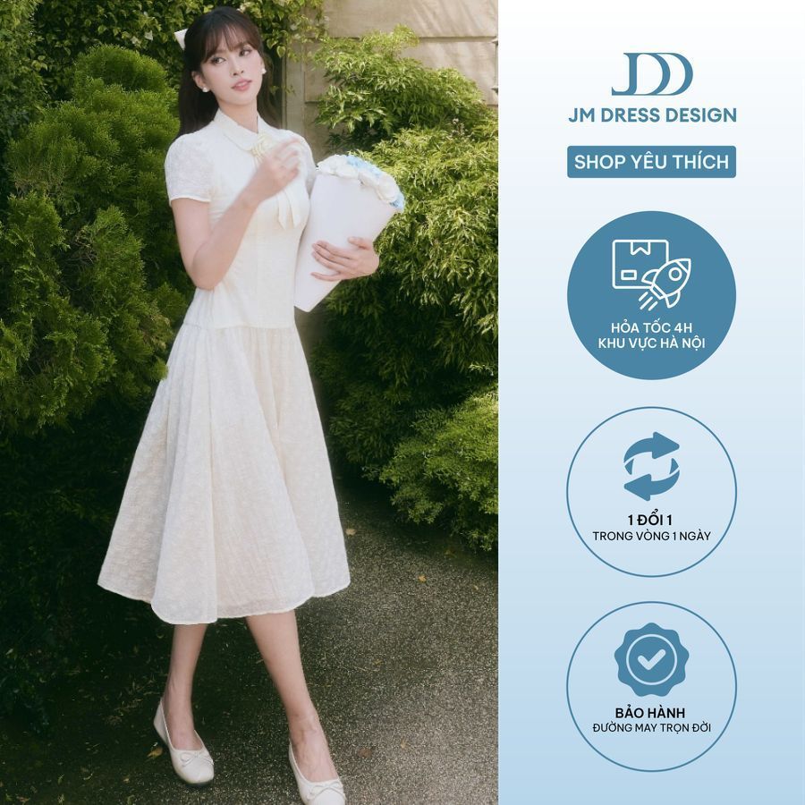 Đầm Xuân Hè Nhún Chân Dài Cổ Sen 1S03.2601. Đầm Tơ Hoa Nhí Dáng Midi Dài Xòe Nàng Thơ Nữ Tính Thanh Lịch JM Dress Design