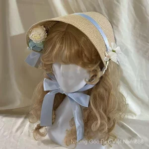Mũ Rơm Đơn Giản Mùa Hè Nơ Ngọt Ngào Chống Nắng Hoa Pháp Mũ lolita Mũ Phẳng lolita