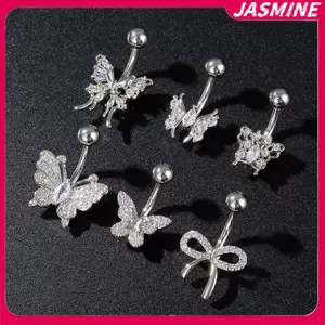 JASMINE Thời Trang Bướm Nơ Bụng Nút Nhẫn Thép Không Gỉ Zircon Rốn Xuyên Nhẫn Nữ Bé Gái Gợi Cảm Cơ Thể Trang Sức Quà Tặng JASMINE