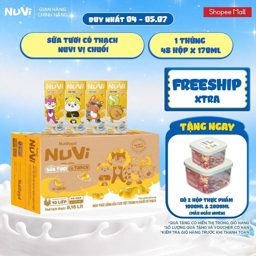 Thùng 48 Hộp NuVi Thức Uống Sữa Tươi Tiệt Trùng Vị Chuối Có Thạch 170ml