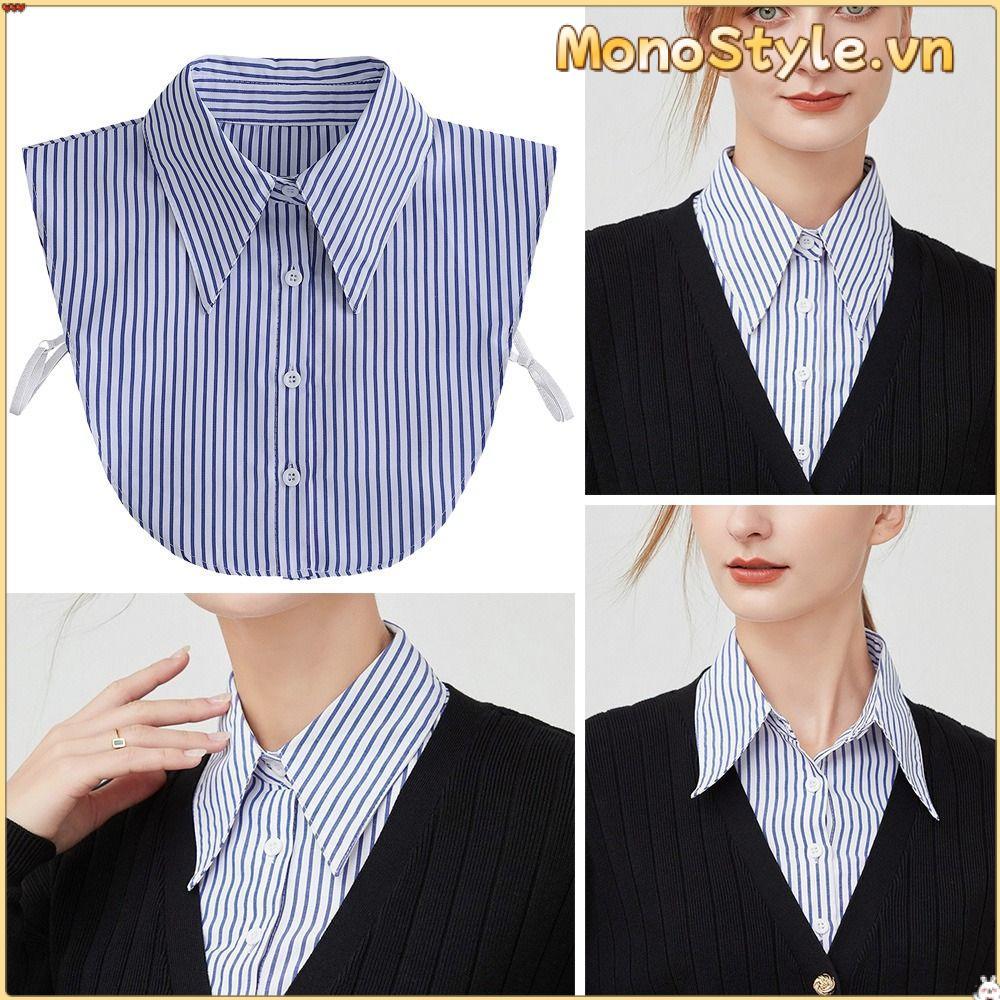 Cổ giả Monica Style, áo sơ mi nữ màu xanh sọc với phần cổ tháo rời
