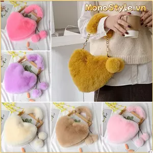 Túi xách sang trọng MONOSTYLE, Túi xách lông thú giả hình trái tim, Ví đựng ly hợp giả lông thú hàng ngày dành cho nữ