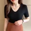 Áo sơ mi tay ngắn JVSUB, Áo thun dệt kim cổ chữ V màu trơn, Áo thun mỏng vừa vặn mùa hè dành cho nữ