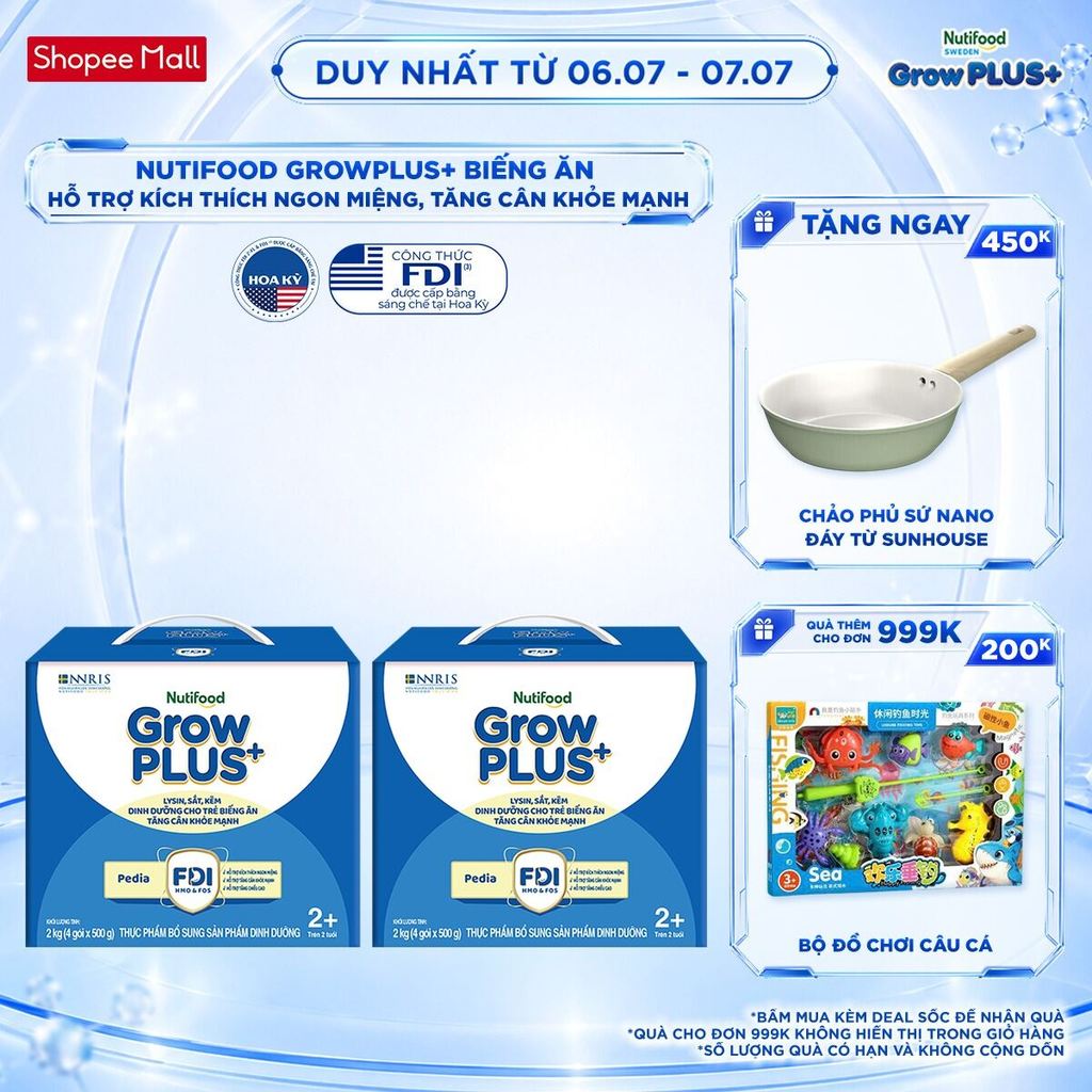 Combo 2 Sữa Bột Nutifood GrowPLUS+ Biếng Ăn (Xanh) 2+ - Tăng Cân Khỏe Mạnh (2 Hộp 2 Kg)