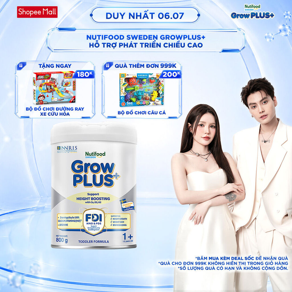 [Livestream Lucie] Sữa Bột Nutifood Sweden GrowPLUS+ Cao lớn vượt trội từ 1 - 2 tuổi (Bạc) 800g