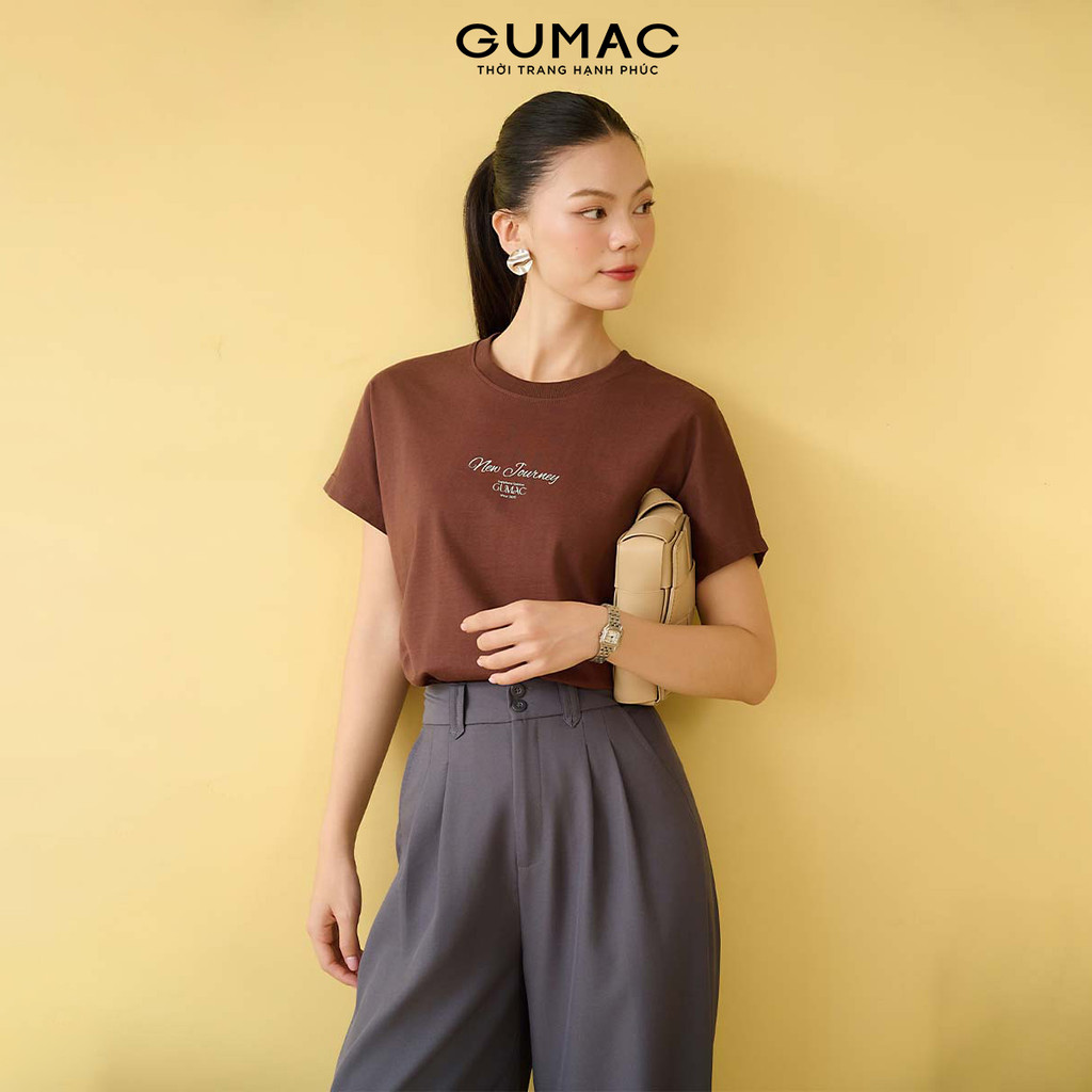 Áo Thun Nữ Cổ Tròn GUMAC Tay Ngắn Form Regular Thêu Chữ Chất Cotton 2C Thoáng Mát ATF09005