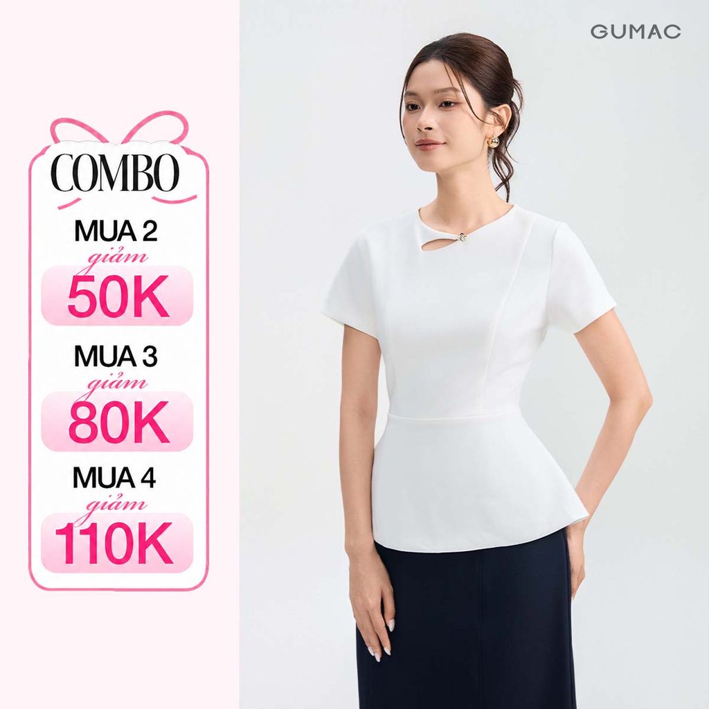 Áo Peplum Nữ GUMAC Cổ Tròn Đính Nút Kim Loại Trang Trí Cách Điệu Chất Tuyết Chun Đứng Form Thanh Lịch AG05029