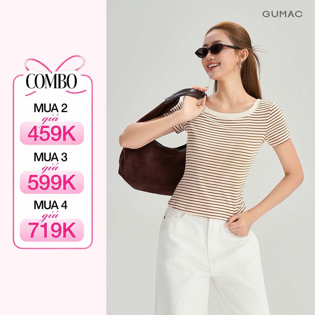 Áo Thun Nữ GUMAC Form Ôm Nhẹ Kẻ Sọc Cổ Vuông Chất Thun Gân Co Giãn Thoải Mái LATG0407