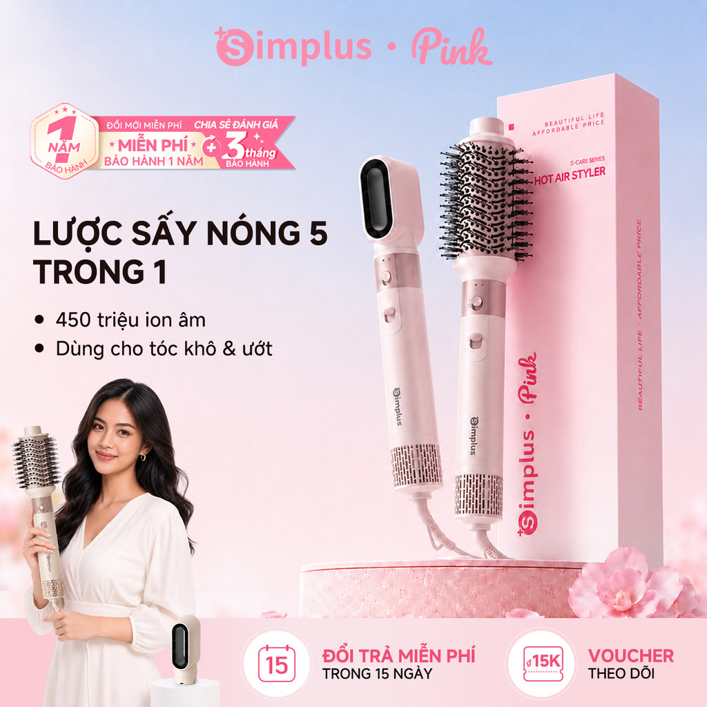 Lược sấy tạo kiểu Simplus Pink 450 triệu ion âm Dùng cho tóc khô & ướt RFSH005