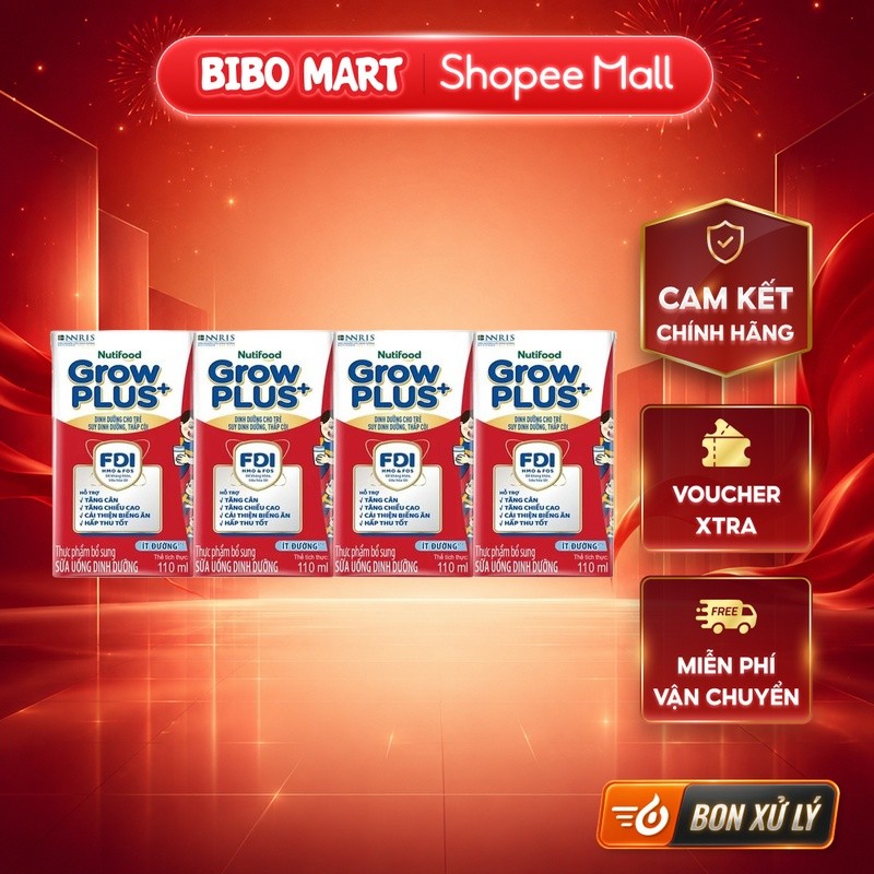 [KOL] Sữa Bột Pha Sẵn Growplus+ Ít Đường 110ml Lốc 4 Hộp – BM001.1