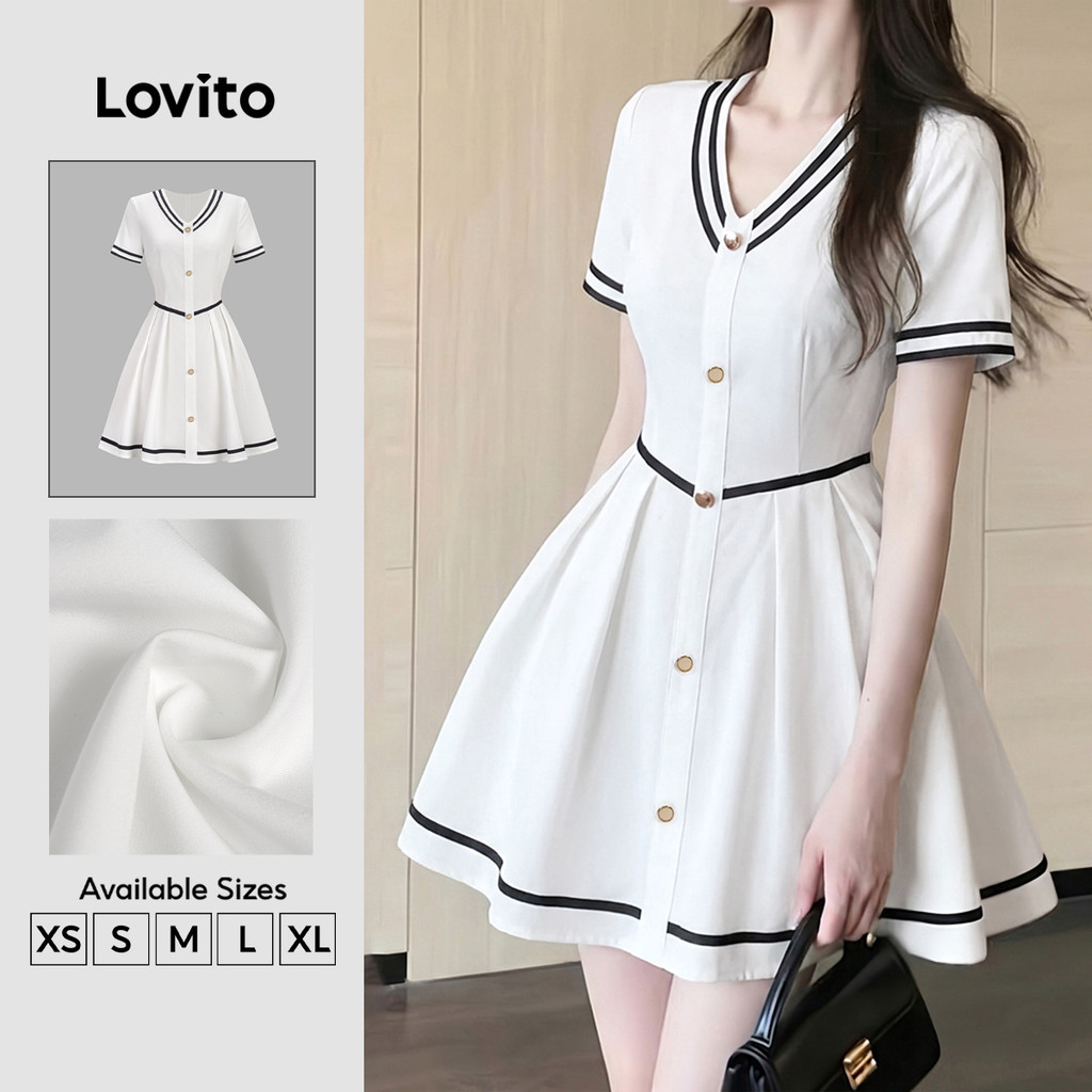 (New Arrival) Lovito Đầm nữ trắng thời trang xuân hè lai bèo xếp nếp nút ghép nối màu sắc thanh lịch DRK8P2D649