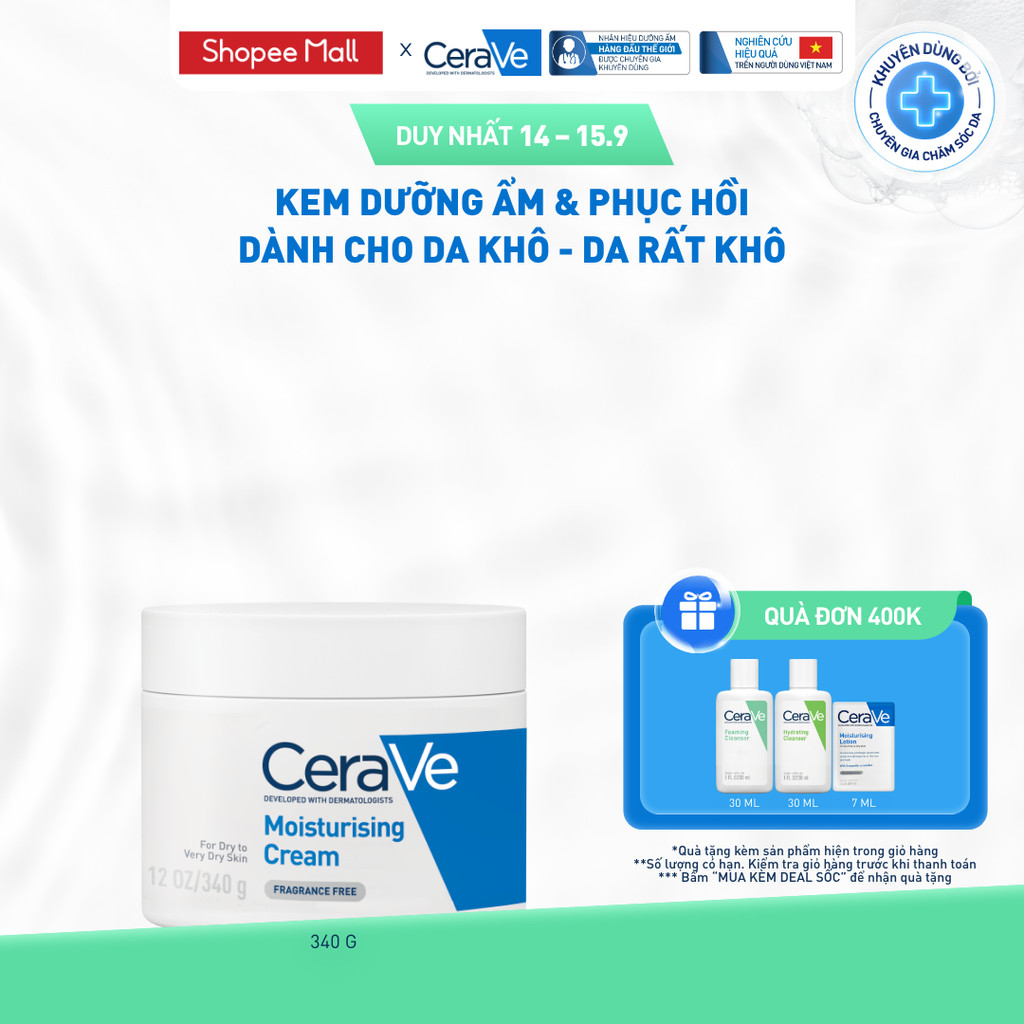 Kem dưỡng ẩm phục hồi sâu và ẩm mịn suốt 48H dành cho da khô, duy trì hàng rào bảo vệ da CERAVE MOISTURISING CREAM 340G