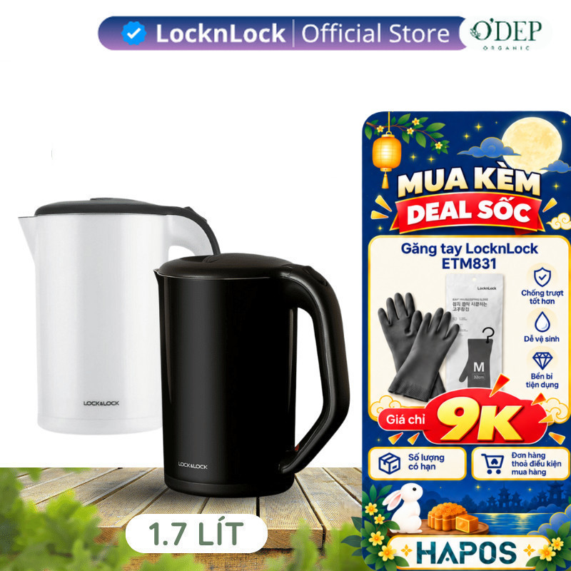 Ấm siêu tốc 1.7L LocknLock, thép không gỉ EJK738BLK EJK738WHT, tự động ngắt khi sôi - HAPOS LSA