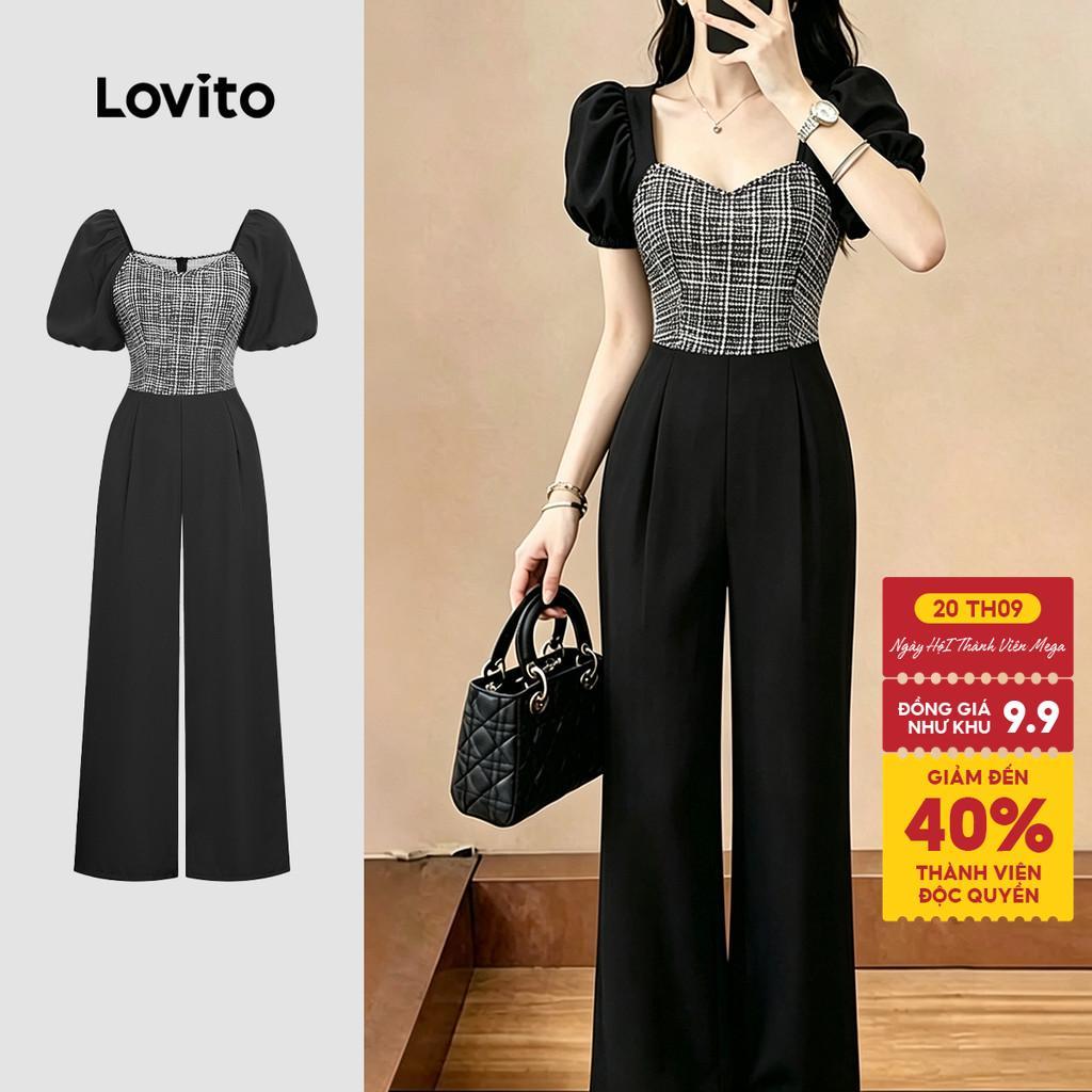 Lovito Jumpsuit thanh lịch phối màu ghép vải mùa xuân/hè màu đen cho nữ L199ED580