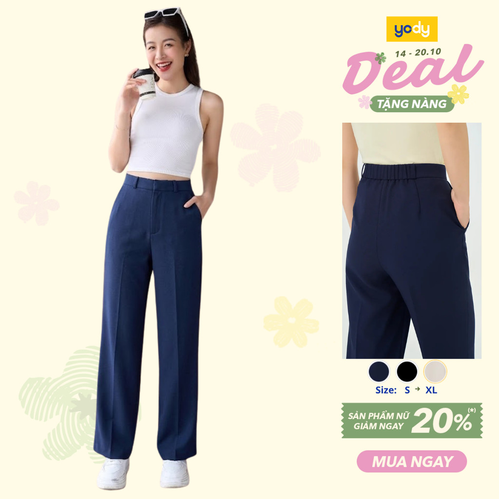 Quần âu nữ Yody cạp phối chun lưng, quần straight essential dáng suông thanh lịch TRA WOTR26A009