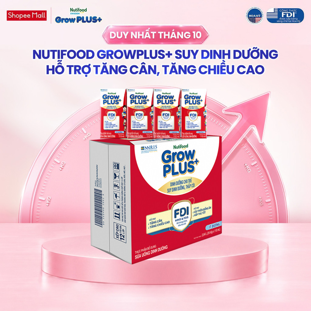 Thùng 24 hộp SBPS Nutifood GrowPLUS+ Suy Dinh Dưỡng (Đỏ) Ít đường 110ml - Tăng Cân, Tăng Chiều Cao (Bao bì tùy lô hàng)
