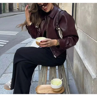 áo khoác Zara made in Morocco da PU mận hoặc đen khóa kéo kiểu dáng moto khỏe khoắn