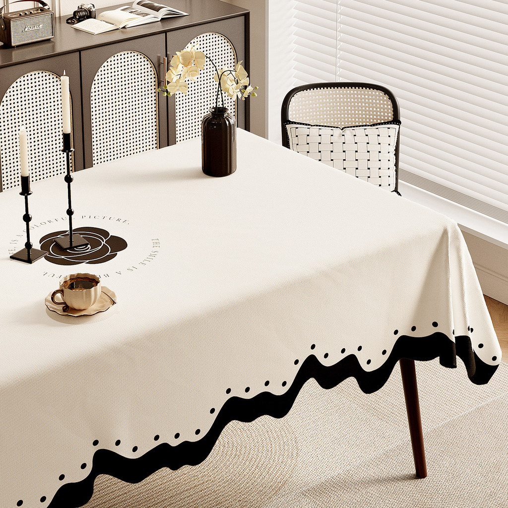 Khăn trải bàn caro đen trắng viền gợn sóng | Vải cotton linen màu be, phong cách tối giản hiện đại, dễ giặt, trang trí bàn ăn, quán cà phê