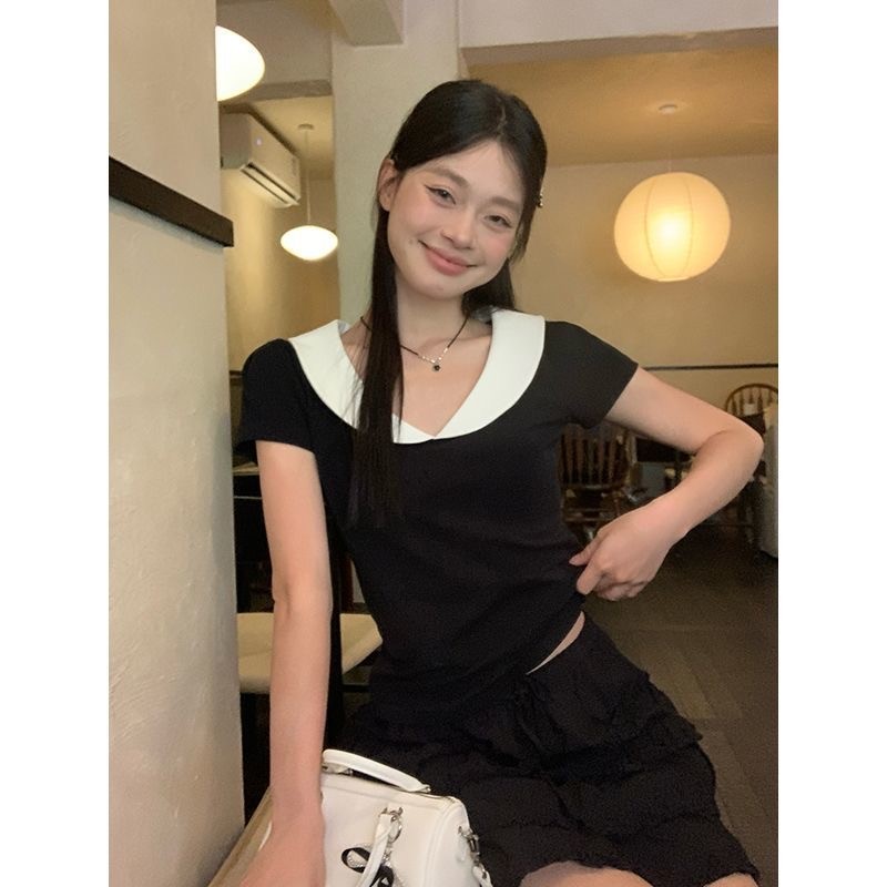 Áo thun cổ búp bê phong cách Hàn Quốc, thiết kế ôm body, thời trang mùa hè