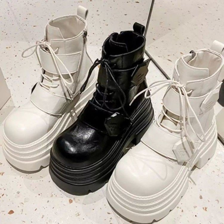 Retro Phong Cách Anh Màu Đen Đế Dày Bên Dây Kéo Ống Ngắn Martin Boots PU Thu Đông Phong Cách Mới Thời Trang Thường Ngày Ngoài Trời Mặc Chống Trơn Trượt Chống Mài Mòn Siêu Cao Gót
