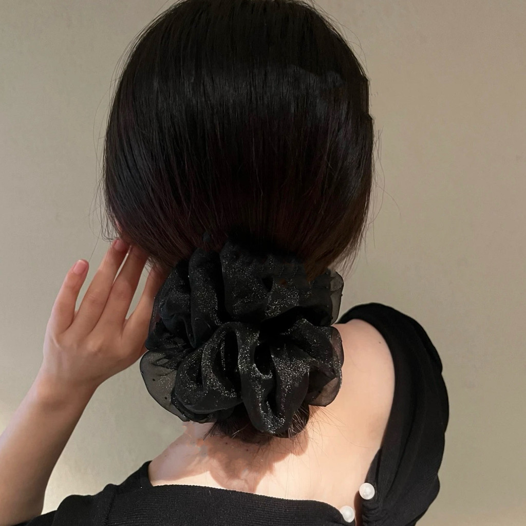 Nhẫn tóc phong cách Hàn Quốc, thiết kế lưới màu đen retro thanh lịch