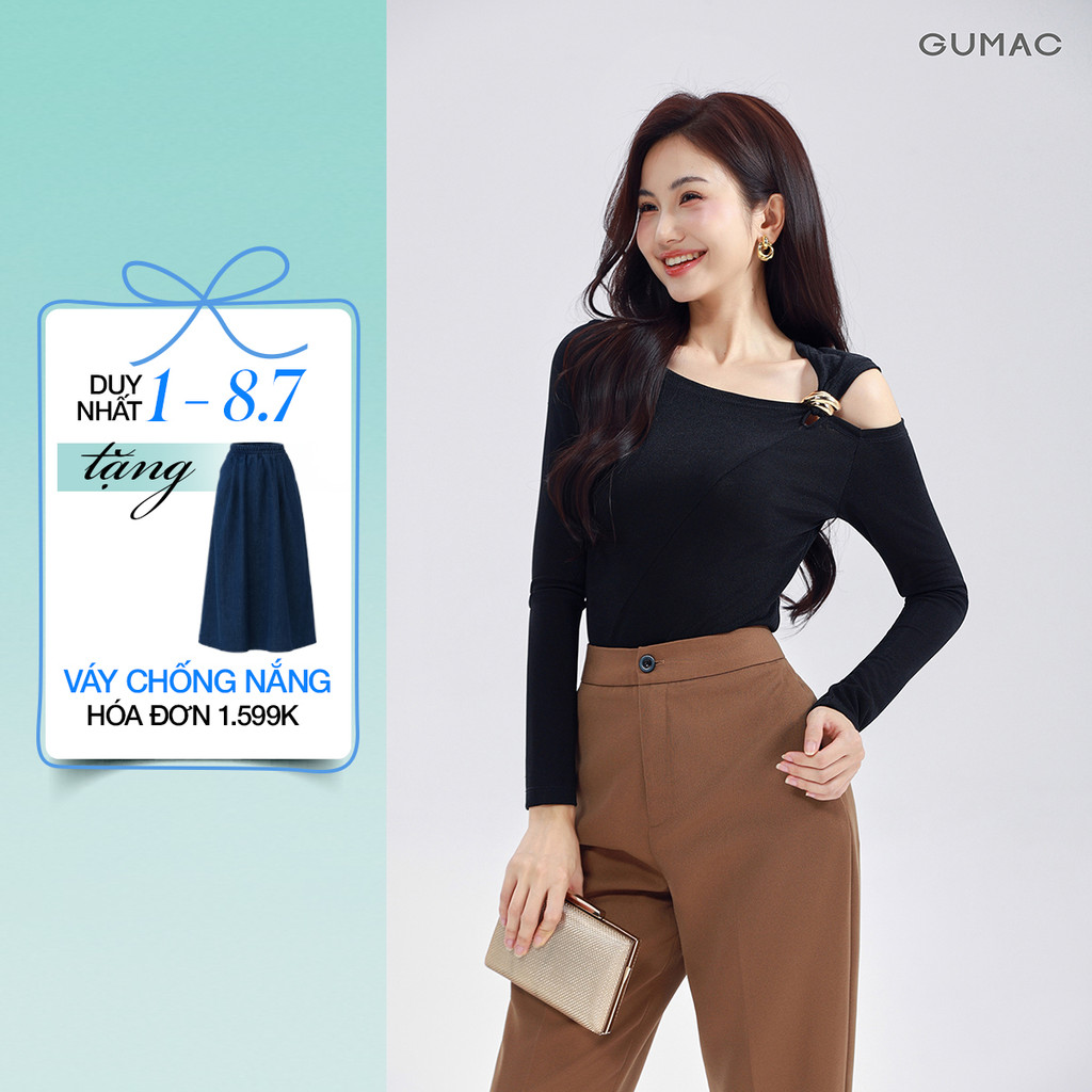 Áo thun GUMAC form slim cổ lệch một bên vai tay dài áo có ánh nhũ nhẹ ATG01048