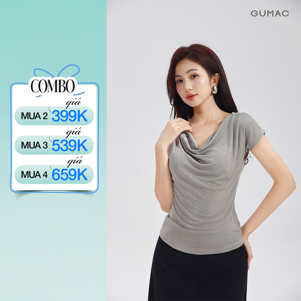 Áo Thun Cổ Đổ GUMAC Áo Thun Kiểu Sang Trọng Áo Đi Tiệc Vải Thun Ánh Nhung Co Giãn Tôn Dáng ATE01031